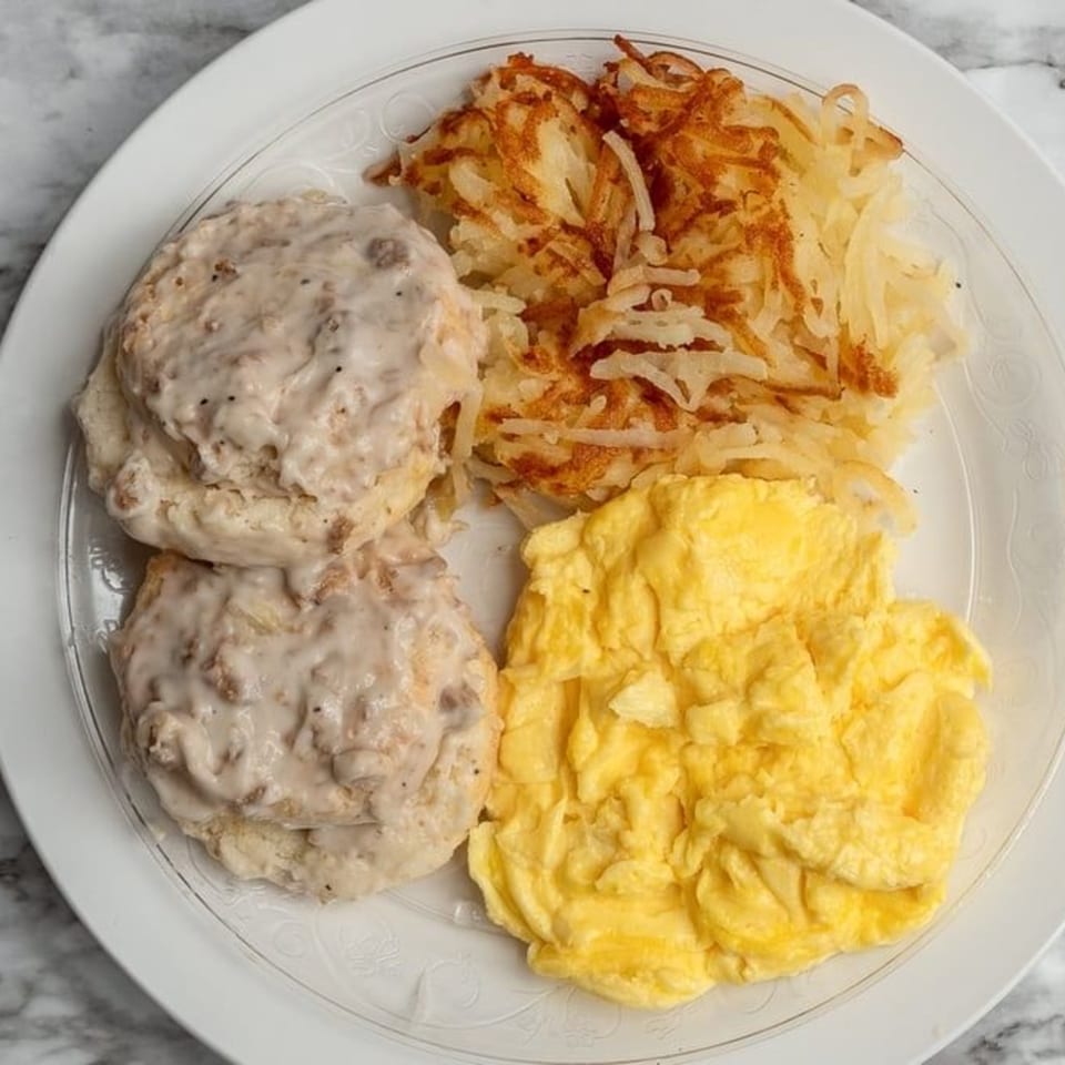 A Breakfast Club plate with biscuits and gravy, hash browns, and scrambled eggs.