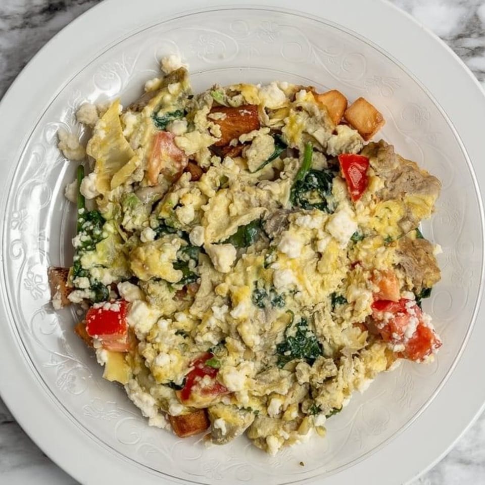 Scrambled eggs with spinach, tomatoes, feta cheese, and breakfast potatoes on a white plate.